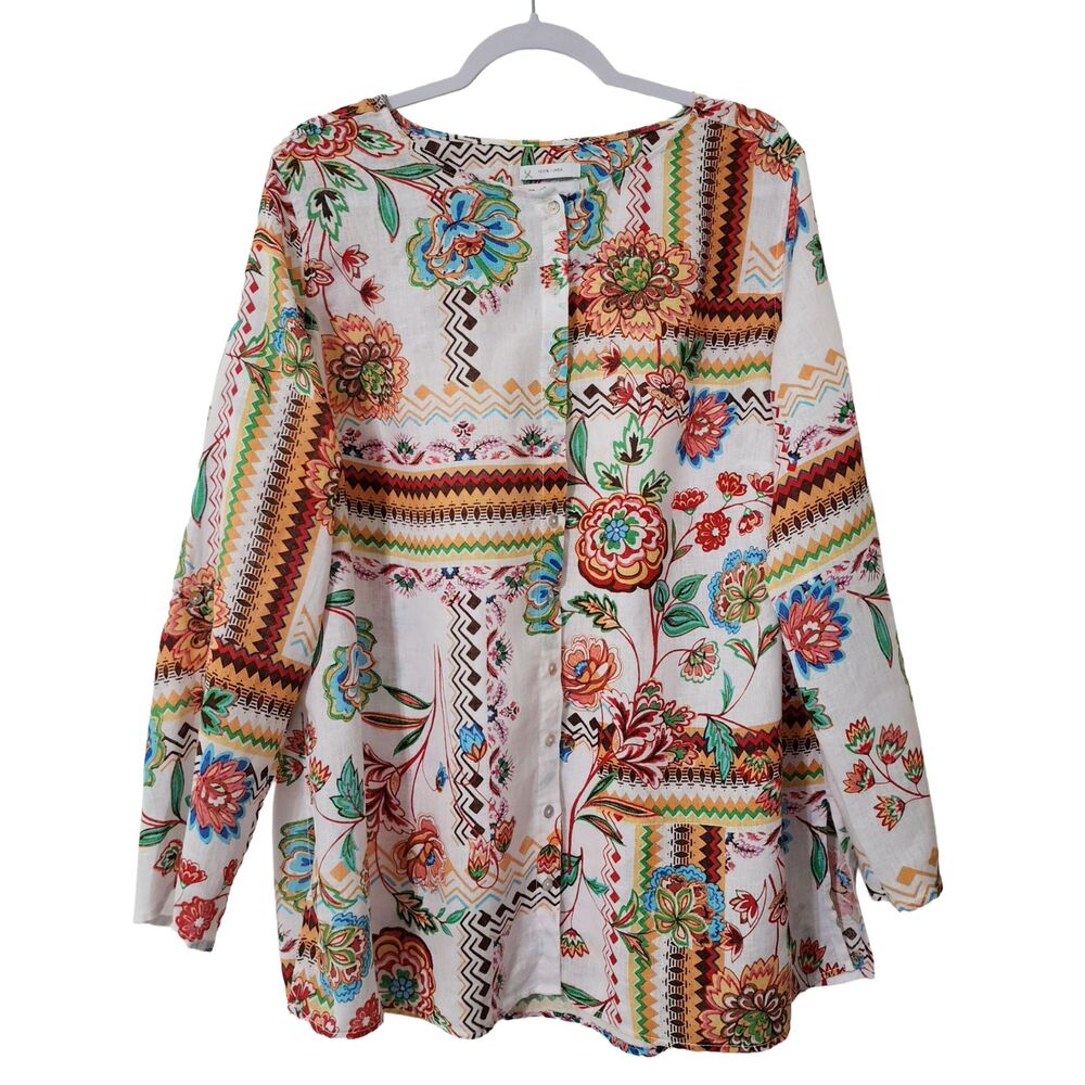 H Halston 100% Linen Floral Tunic Shirt 1X White Multicolor Roll Tab Sleeves EUC
